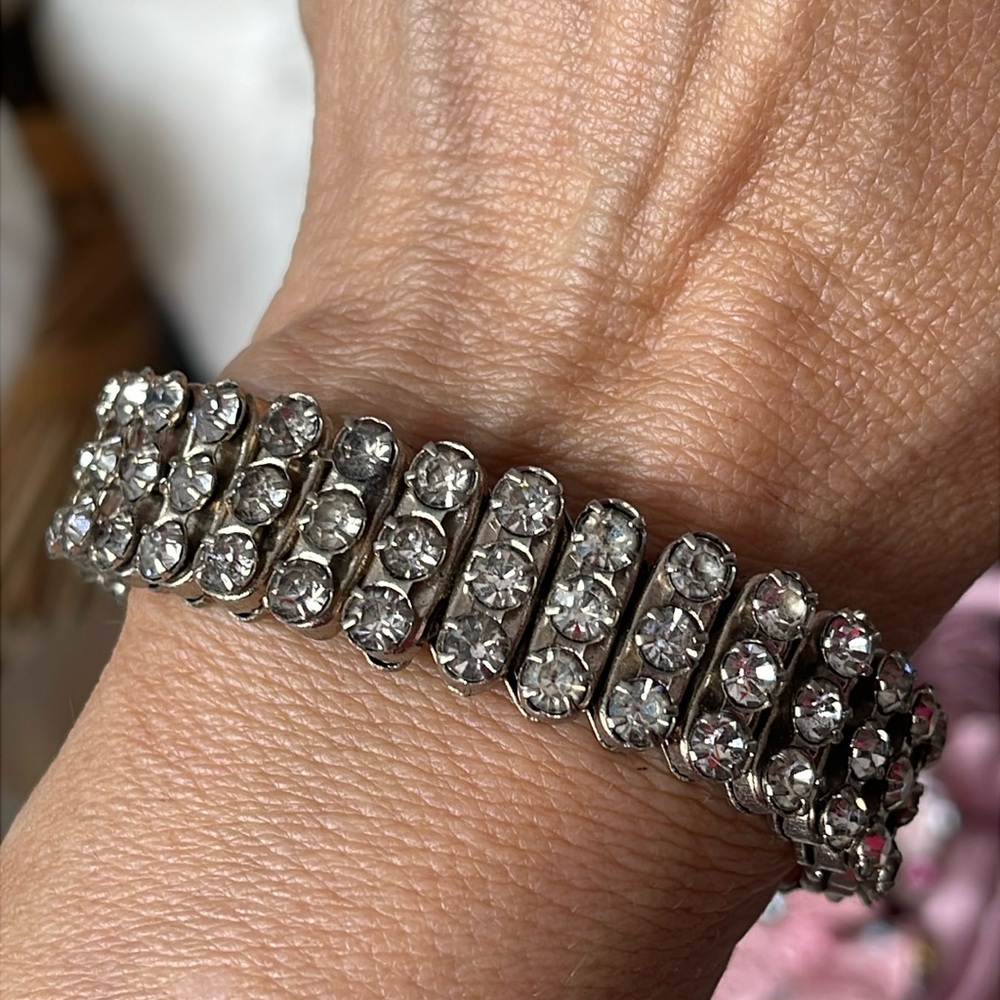 Vintage 3-row Rhinestone Stretch Bracelet stamped Made in British Hong Kong